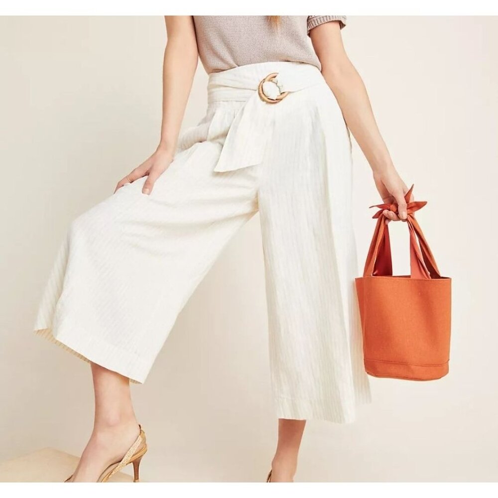 Anthropologie Palm Beach Belted Pants 8 Beige Pinstripe Wideleg Cropped Palazzo